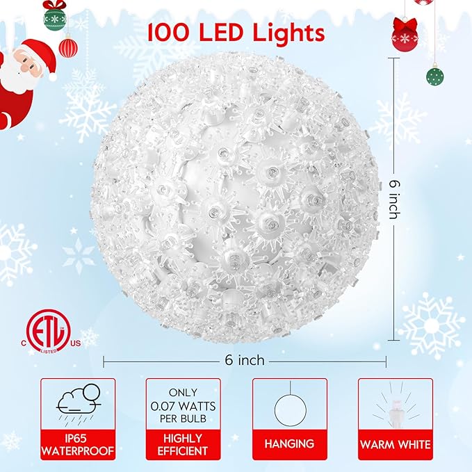Brightown 6" Christmas Lighted Sphere Balls, 100 LED Warm White Starlight Ball - Plug-in Waterproof Outdoor & Indoor Christmas Holiday Decoration