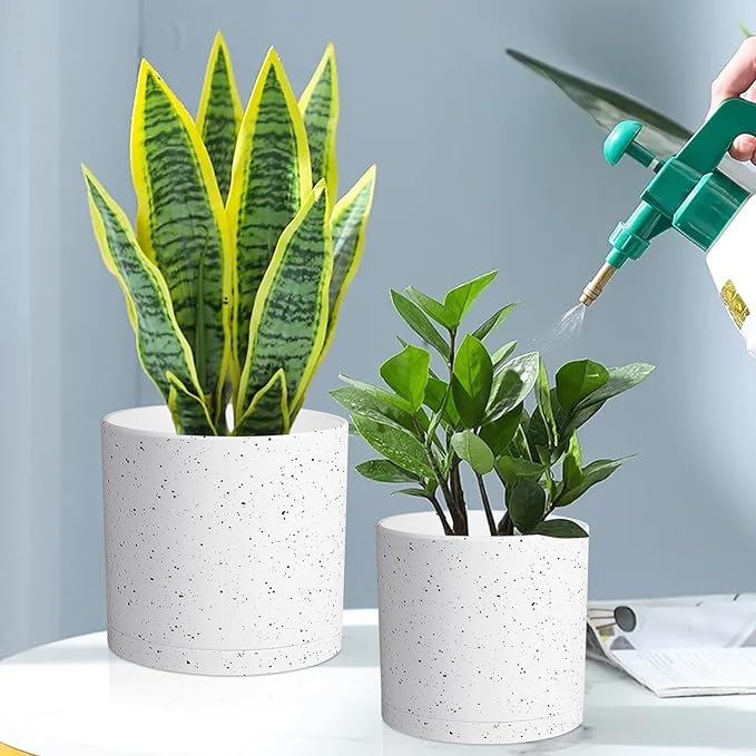 8/7/6 inch Flower Pots, 3 Set Cylindrical Plant Pots for Outdoor Indoor Plants, Decorative Plastic Planters with Drainage Holes and Saucers for Garden House Plants, White with Black Speckles