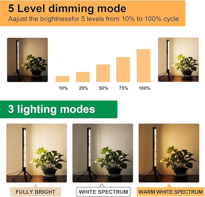 2 Pack Grow Lights for Indoor Plants, Height Adjustable with On/Off Switch and Timer, Vertical Plants Grow Light for Indoor Plant Growth and Flowering
