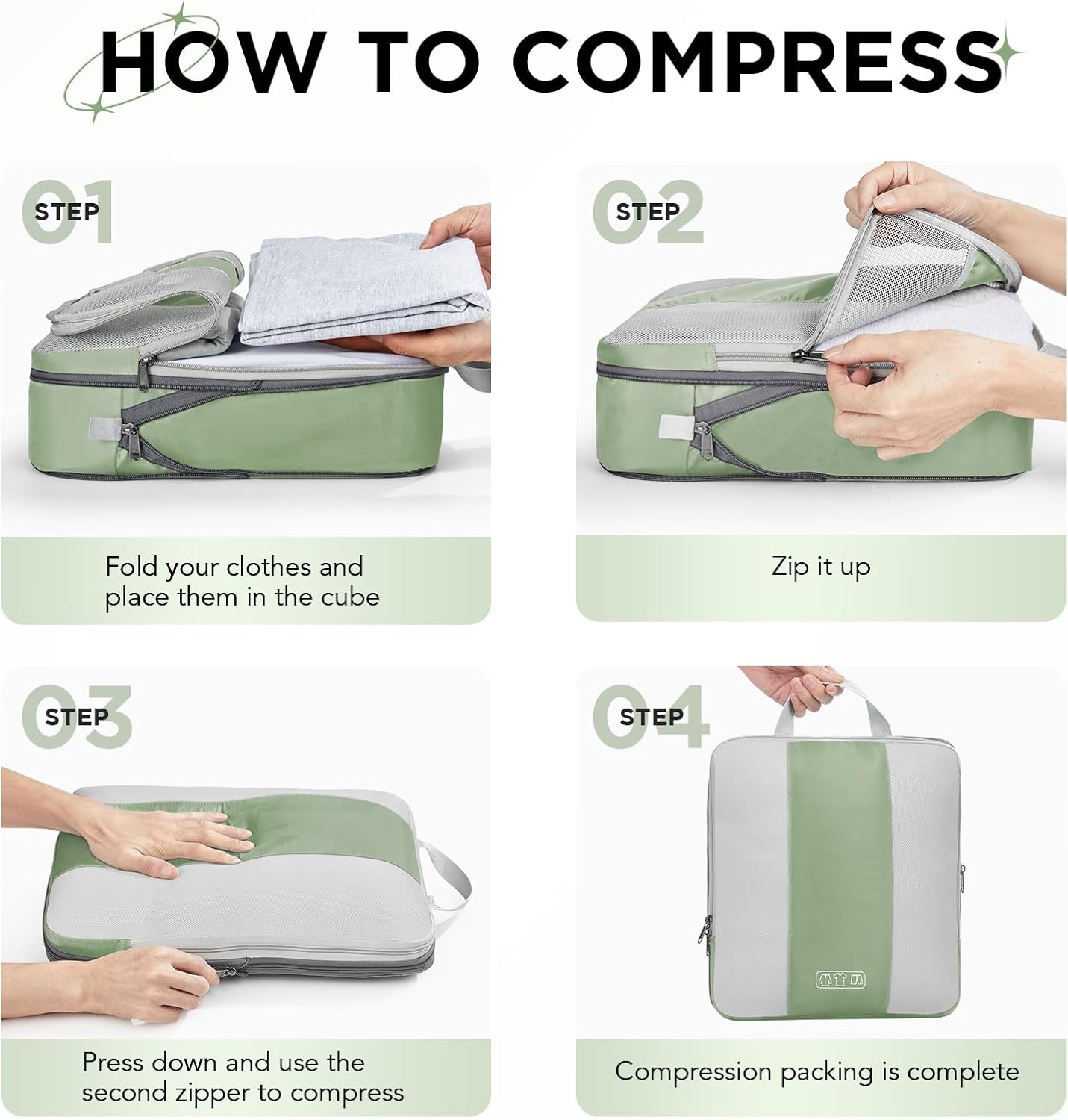 8 Set Compression Packing Cubes for Travel Essentials,Compressible Expandable Packing Cubes for Suitcase,OlarHike Luggage Organizer Bags for Travel,Handy Helper for Organizing Clothes(Matcha Green)