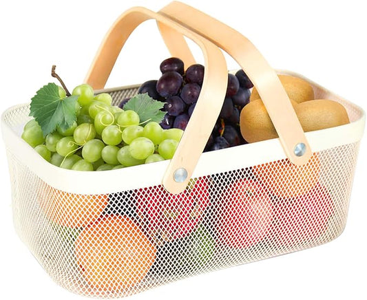 Garden Harvest Basket,Delicate Harvest Basket for Garden Vegetables,Practical Metal Mesh Wire Basket with Handle Suitable for Bathroom,Cabinet,Kitchen(White)