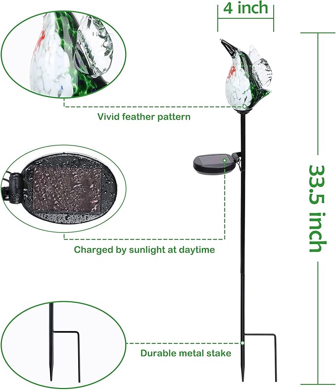 Afirst Decorative Solar Lights Outdoor Solar Hummingbird Stake Lights Hand Blown Glass Decorative Garden Pathway Light Outdoor Waterproof Glass Stakes Green