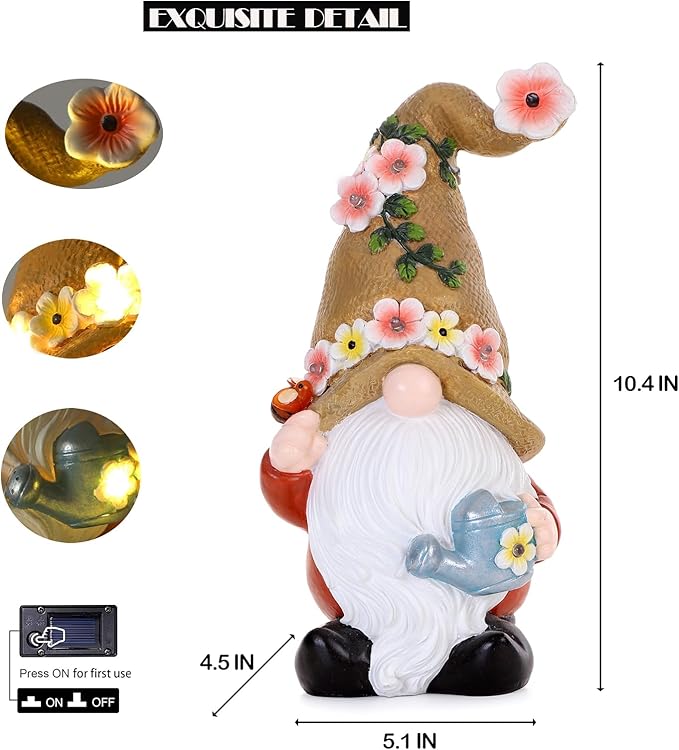 Garden Gnomes in The Hat Stood -Solar Resin Spring Bee Gnome Figurine Statue Garden Lights Outdoor Decorations Waterproof for Patio,Yard,Lawn,