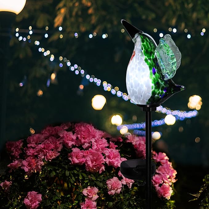 Afirst Decorative Solar Lights Outdoor Solar Hummingbird Stake Lights Hand Blown Glass Decorative Garden Pathway Light Outdoor Waterproof Glass Stakes Green