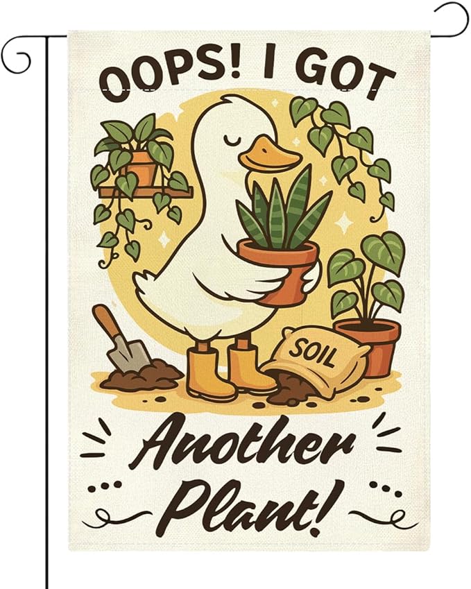 Funny Silly Goose Garden Flag Oops I Got Another Plant Lover Gift Outdoor Decorations Small Double Sided Burlap art Stained Glass Style Garden Flags 12 x 18 Inch for Outside