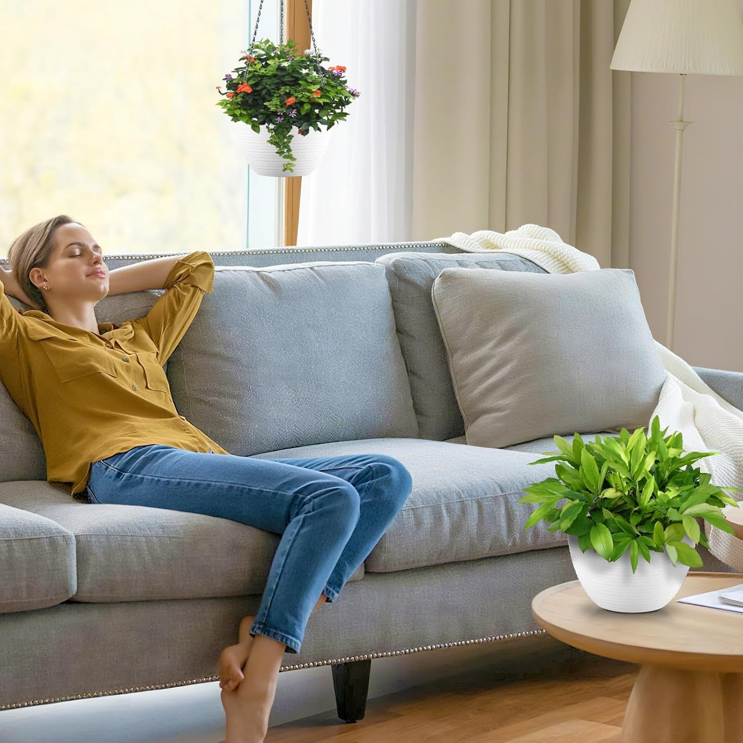 Hanging Planters for Indoor Outdoor Plants, Set of 2 Self Watering Hanging Pots with Drainage Hole & Plug and 20" Chain & Hooks