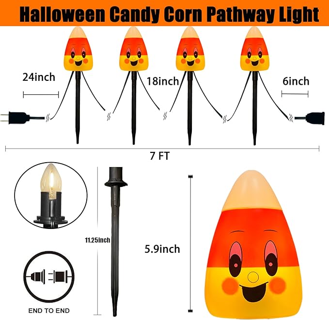 Halloween Pathway Lights Outdoor, 7Ft C7 LED Decorations String Lights With 4 Corncob Pathway Markers Stakes, UL Listed for Lawn, Garden, Yard, Walkway, Party Decor