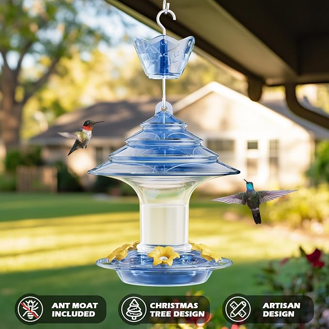 Birdream Hummingbird Feeder for Outdoors Hanging 40oz 10 Feeding Ports, 2 Pack Humming Bird Feeder with Ant Moat Brush Leak Proof - Blue