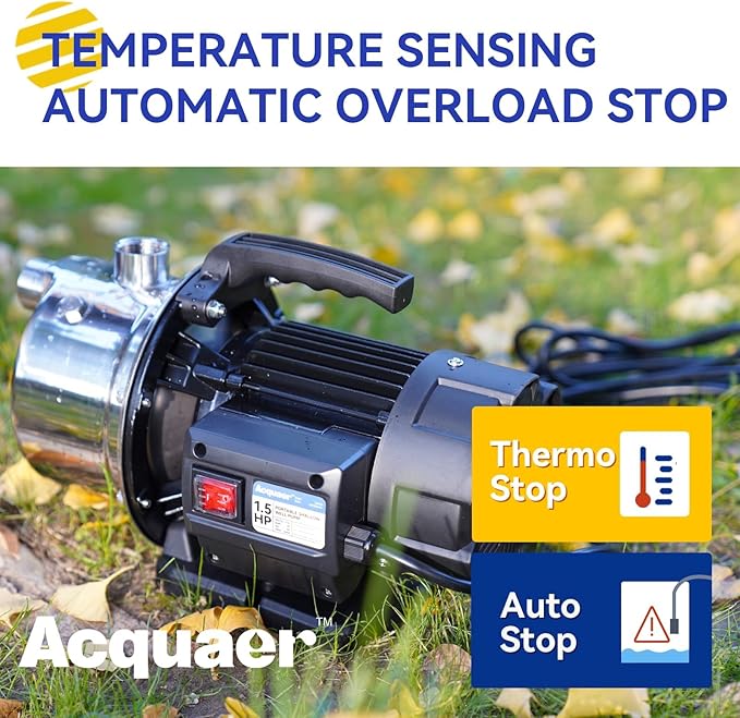 Acquaer 1.5 HP Portable Shallow Well Pump Garden Pump, Stainless Steel, 1210 GPH, 115V Sprinkler Water Transfer Draining Irrigation for Water Removal and Lawn Garden