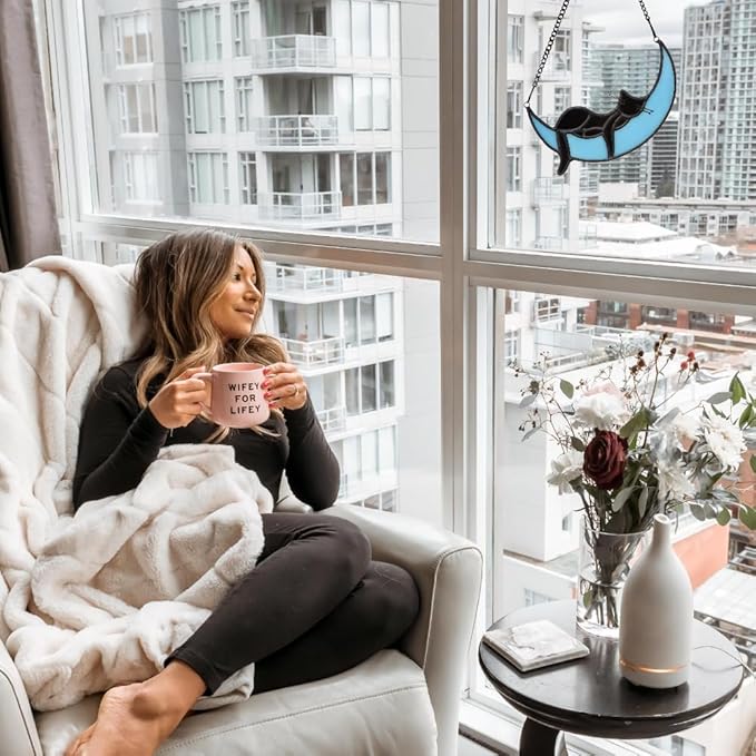 Black Cat Decor On Blue Moon Stained Glass for Window, Crystals Suncatchers for Window Ball Prism Rainbow Maker Chain Easy Hanging, 2 Balls and 1 White Gift Boxe for Cat Lovers Halloween Decor