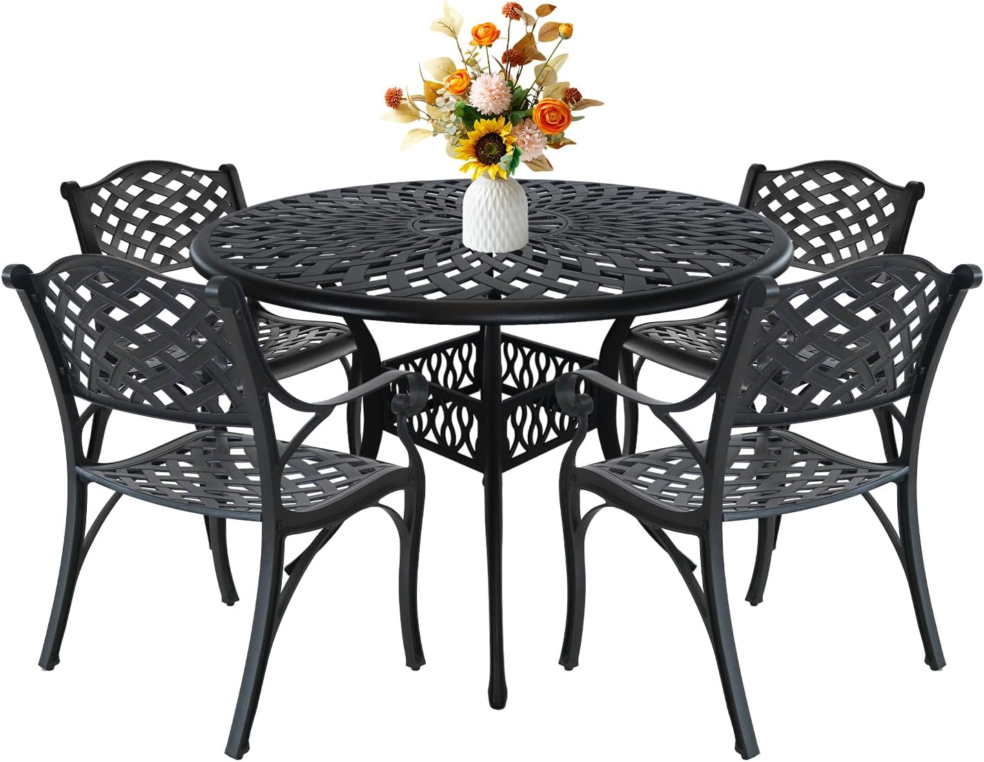 5 Piece Cast Aluminum Outdoor Dining Set, Outdoor Table and Chairs Set of 4, Patio Dining Set with 4 Chairs and 42" Round Table, Patio Conversation Set with 1.97" Umbrella Hole