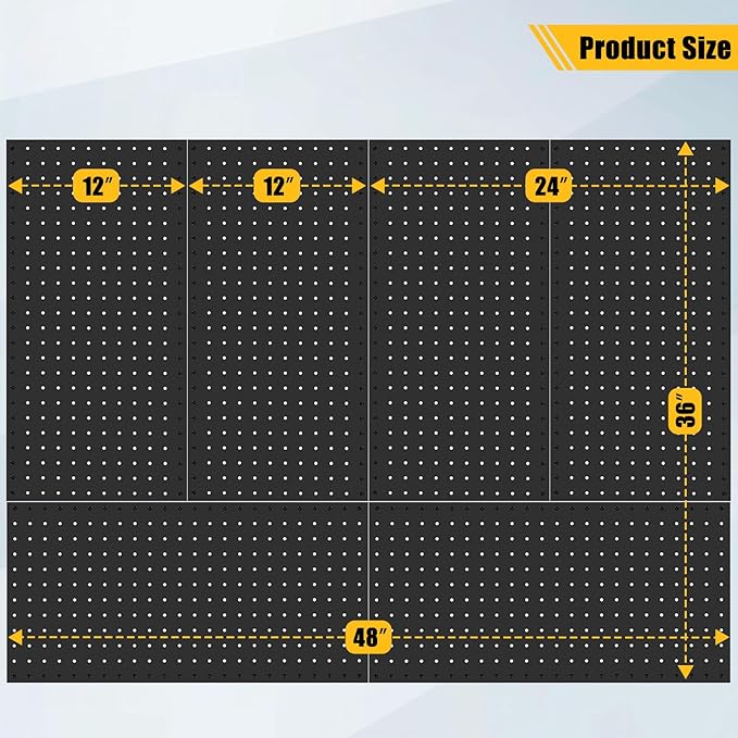 6 Pcs Metal Pegboard Panels, Heavy Duty Peg Boards for Garage and Garden Tool Storage, Includes Drywall Anchors and Screws Kits, Black