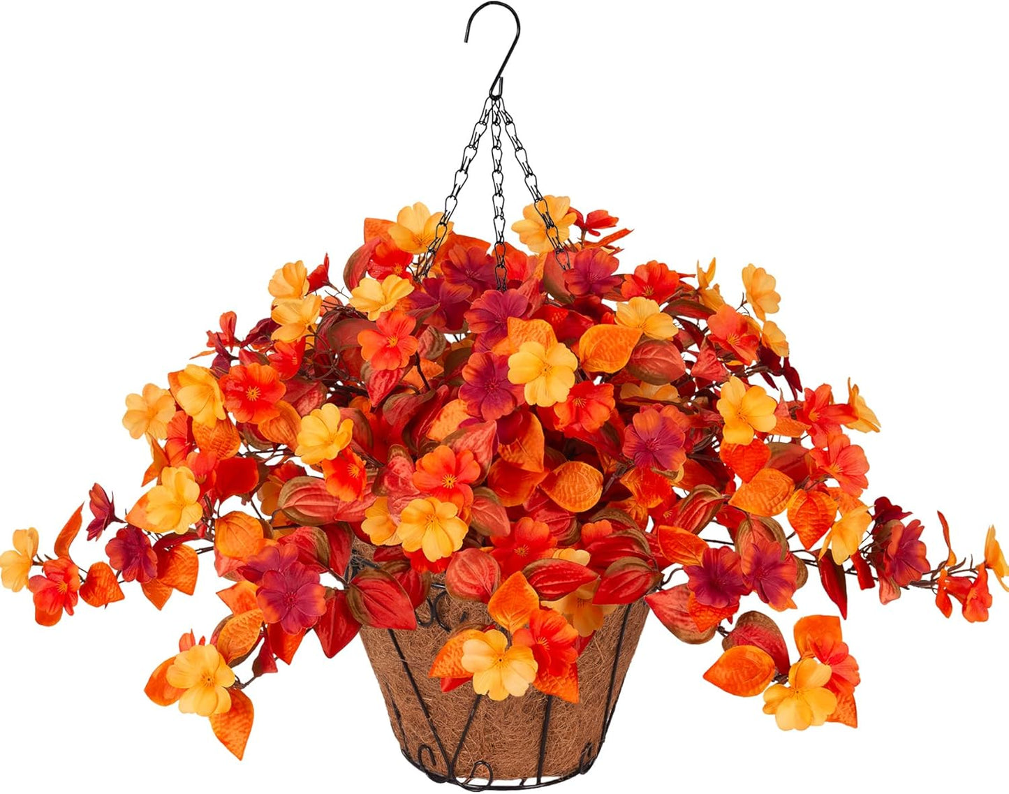 Hanging Artificial Fall Flowers Basket for Outdoors Outside 3PCS Fake Plants Faux Orange Fall Flowers for Outdoors Planters UV Resistant Silk Flowers for Home Porch Patio Garden Autumn Decoration