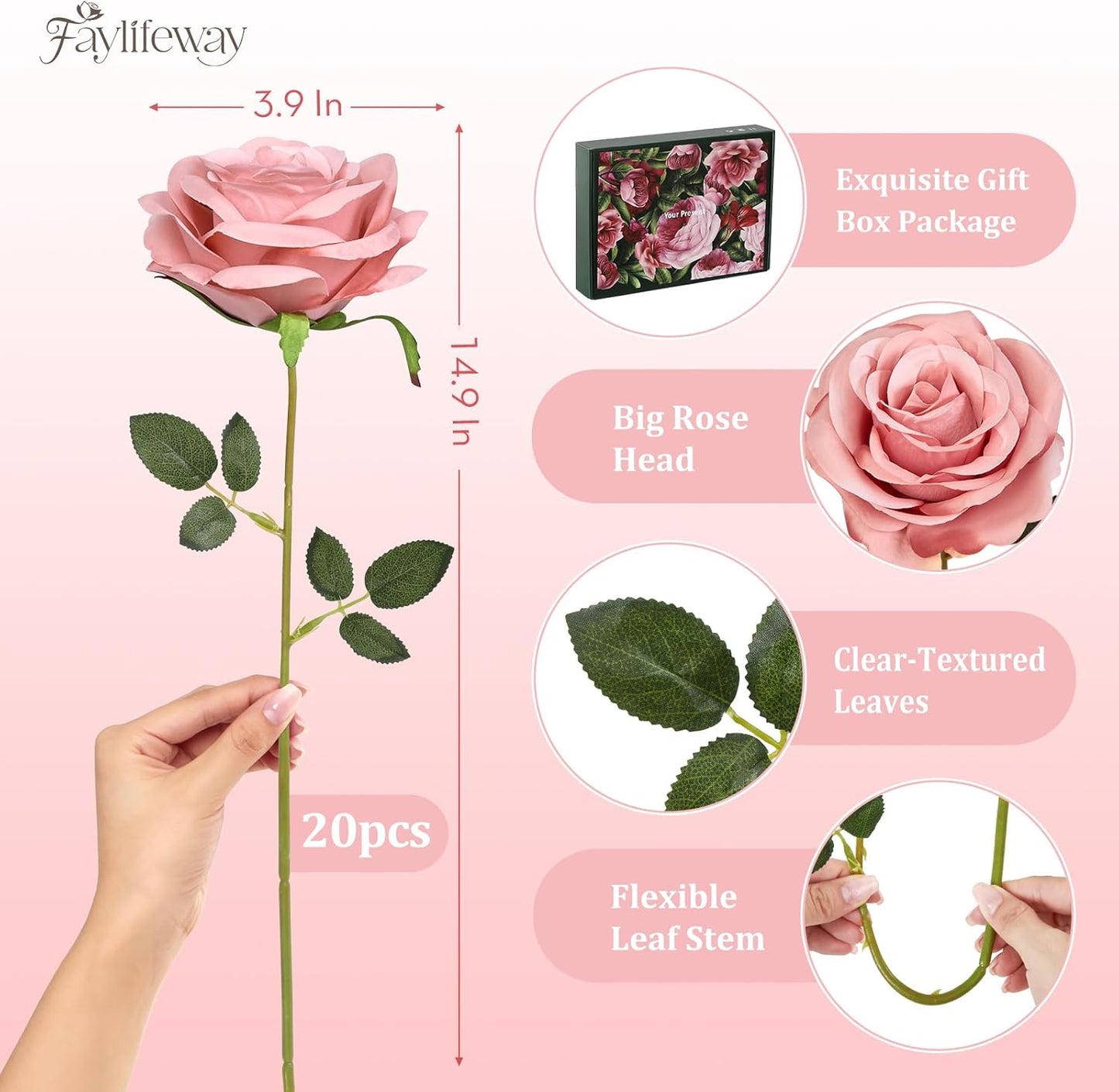 20PCS Artificial Dusty Pink Roses, 3.9'' Silk Flower Head Fake Dusty Pink Rose with Long Stems, Realistic Faux Roses Bouquet for Mother's Day DIY Wedding Home Party Office Decoration