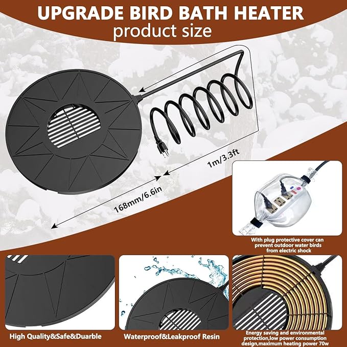 Bird Bath Heater Pond Heater 70W Shallow Water Pond deicer Energy-Saving, thermostatically Controlled Winter Outdoor with a Protective Socket Cover (with Water Pump)