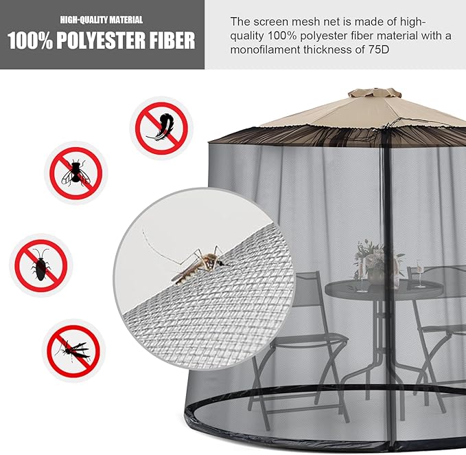 9-11 FT Umbrella Net for Outdoor Umbrella, Universal Hanging Mosquito Net for Patio,Polyester Mesh Umbrella Screen for Patio Tables with Zipper (Black)
