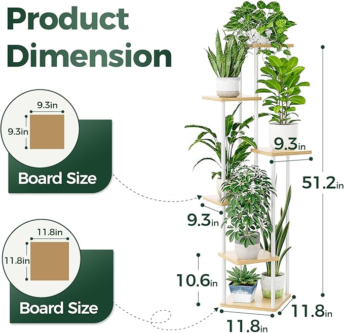 Bamworld Tall Plant Stand Indoor, 6 Tier Metal Plant Shelf for Multiple Plants, Corner Tiered Flower Stand for Patio Garden Balcony Living Room Bedroom(White)
