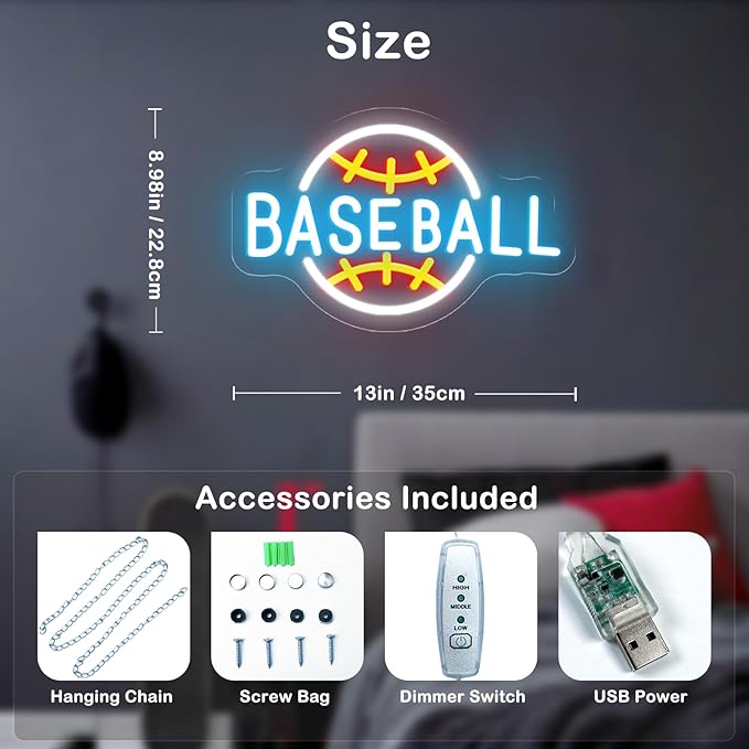 Baseball Neon Sign Dimmable LED Neon Signs for Wall Decor, Baseball Neon Light Sign for Bedroom Man Cave Gaming Room Party College Club Decor Sports Soccer Players Lover Gifts