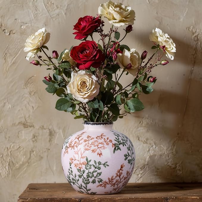 Green, White, and Brown Vintage Round vase, Chinese-Style Green Farmhouse Decorative vase, Suitable for Home Decor，Living Room, Dining Table, Office, Bookshelf, TV Cabinet, entryway Decor.