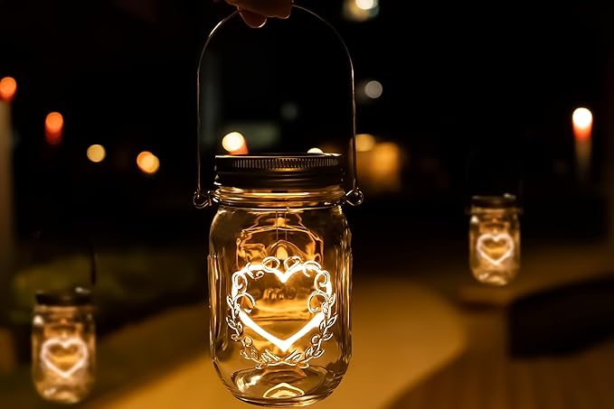 Hanging Solar Mason Jar Lights, 2 Pack Warm Heart Shape Led Lights, Solar Powered Lanterns Outdoor Waterproof, Hangers and Jars Included, Gift for Lover, Home Party Wedding Garden Patio Decor (2)