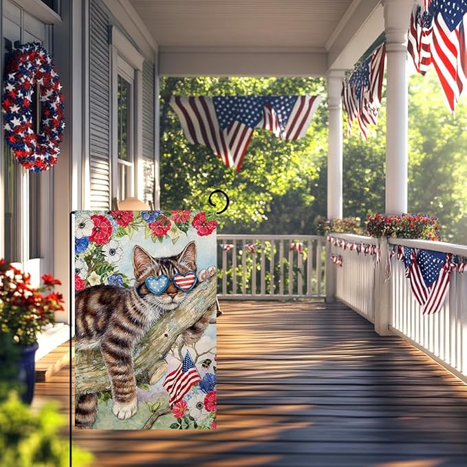 BLKWHT 4th of July Cat Garden Flag 12x18 Vertical Double Sided Red Blue Floral Memorial Day Independence Day Holiday Outside Decorations Burlap Yard Flag BW823