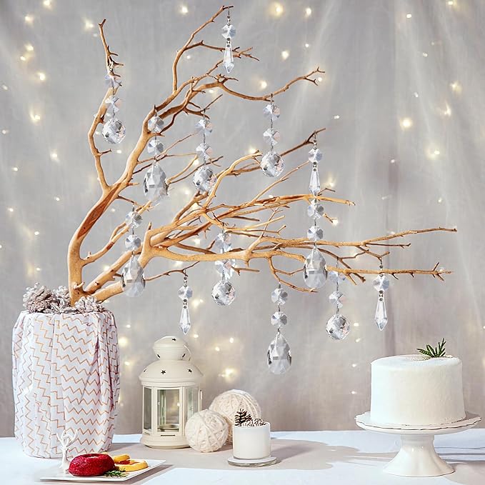 44 Pack Chandelier Crystal Prism Replacement, 38mm Hanging Clear Crystal Glass Bead Prisms 20mm Chandelier Crystals Modern for Foyer Wedding Lamp Windows Christmas Tree Decoration