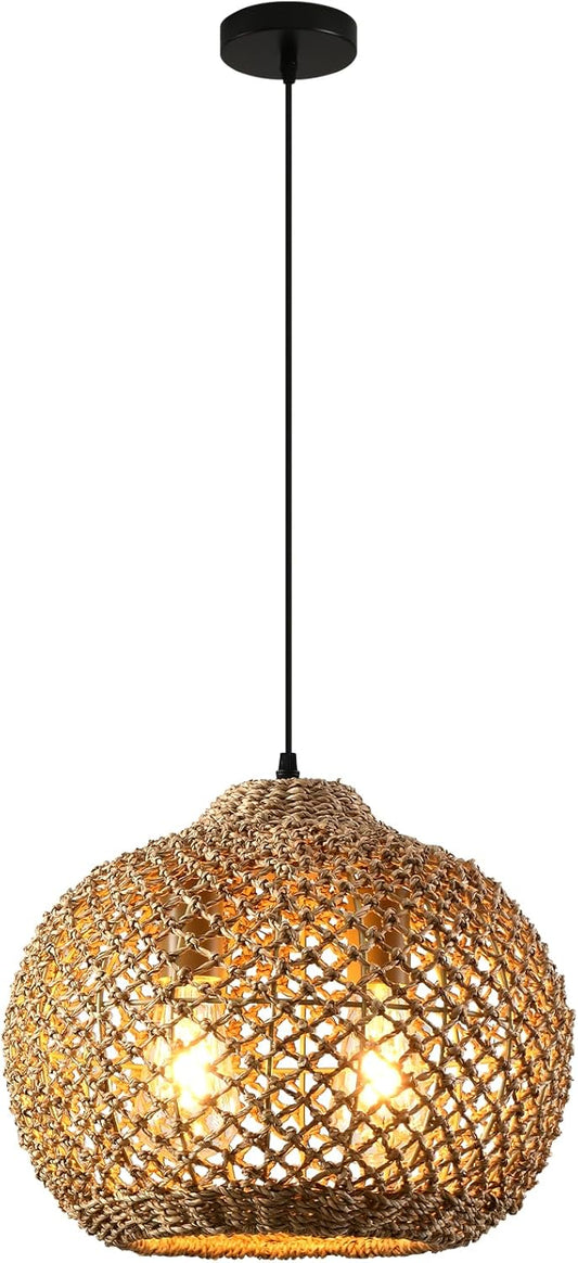 13.79" Rattan Pendant Light, Boho Handmade 2-Light Wicker Chandelier, for Kitchen Island, Bedroom, Dining Room, Entryway, Foyer
