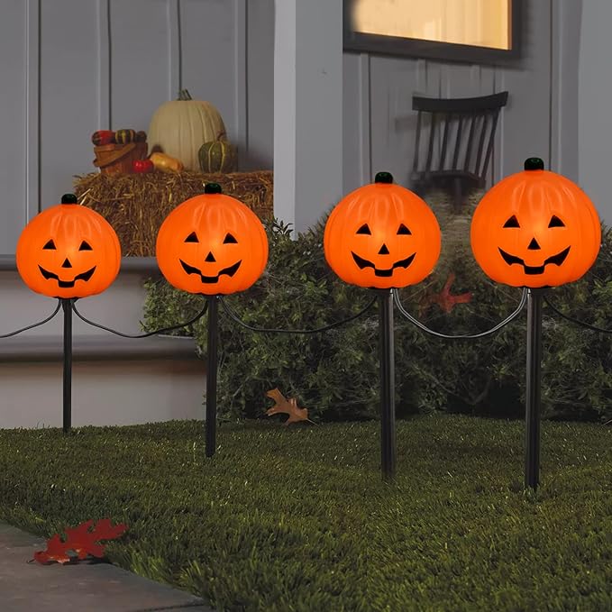 Halloween Pumpkin Pathway Markers Lights Outdoor, 7Ft Connectable C7 Halloween Decorations Pathway String Lights with 4 Pumpkin Stakes Lights for Outdoor Garden Walkway Yard Driveway Lawn Party Decor