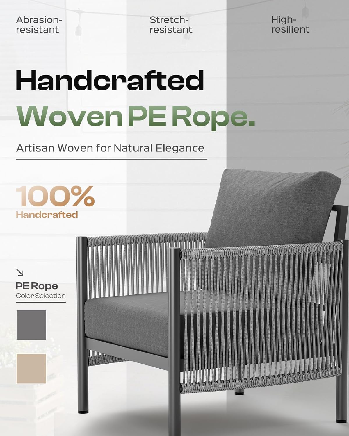 Aluminum Outdoor Patio Couch, 3 Seats HDPE Rope Patio Sofa with Washable Thick Cushion, All-Weather Patio Furniture for Balcony, Yard, Gray Frame, Charcoal