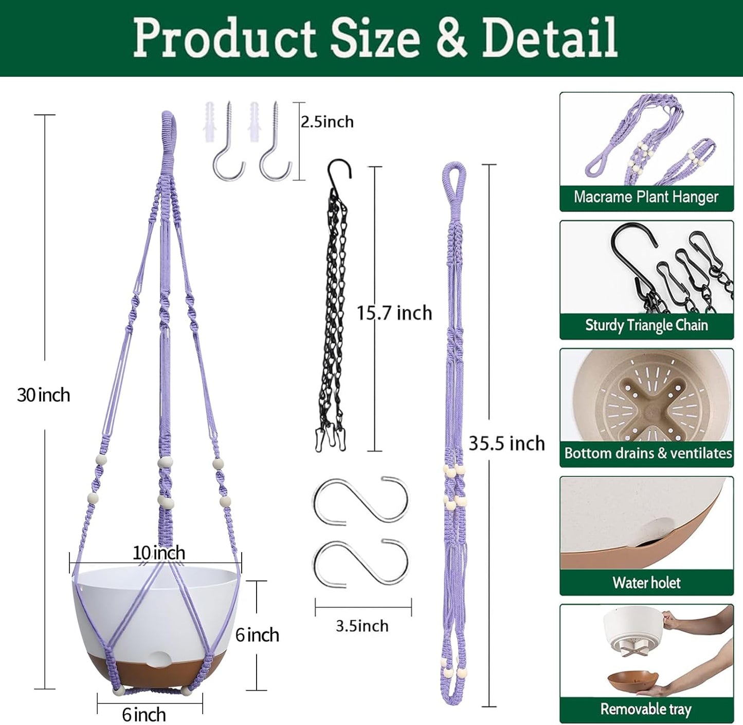 2 Pack Hanging Planters Set,10 Inch Indoor Outdoor Hanging Plant Pot Basket,Hanging Flower Pot with Drainage Hole with 3 Hooks for Garden Home(Purple Hanger White Planters)