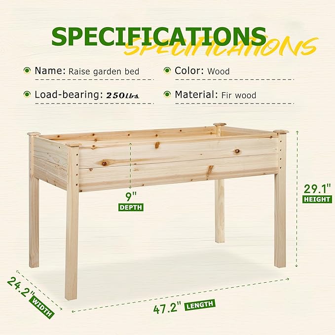 4 Feet Outdoor Wooden Raised Garden Bed Planter Box Kit for Vegetable and Fruit Growing, Patio or Balcony Gardening, Natural