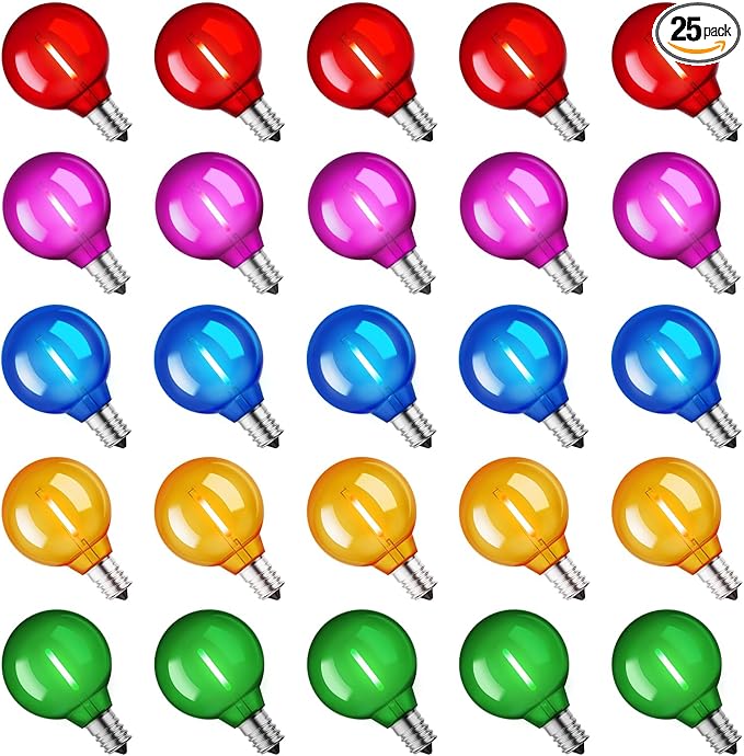 Brightown 25 Pack Multicolor G40 LED Christmas Replacement Light Bulbs, UL Listed, 1 Watt E12/C7 Candelabra Base Plastic Shatterproof LED Globe Edison Bulbs, Easily Screw in Strings Spools Strands