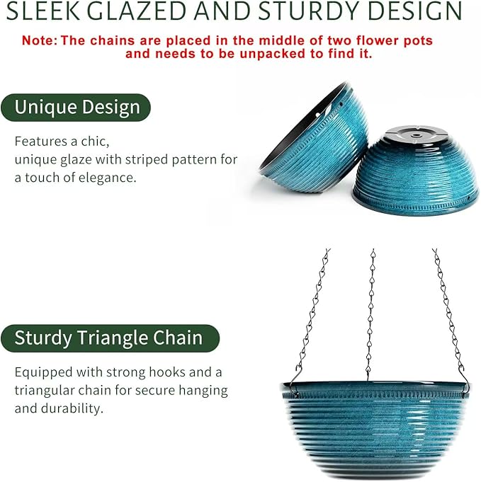 2 Pack Hanging Planters for Indoor Outdoor Plants, 10 Inch Hanging Planter with Drainage Hole & Plug Glazed Hanging Baskets Flower Pots for Garden Home (Blue)