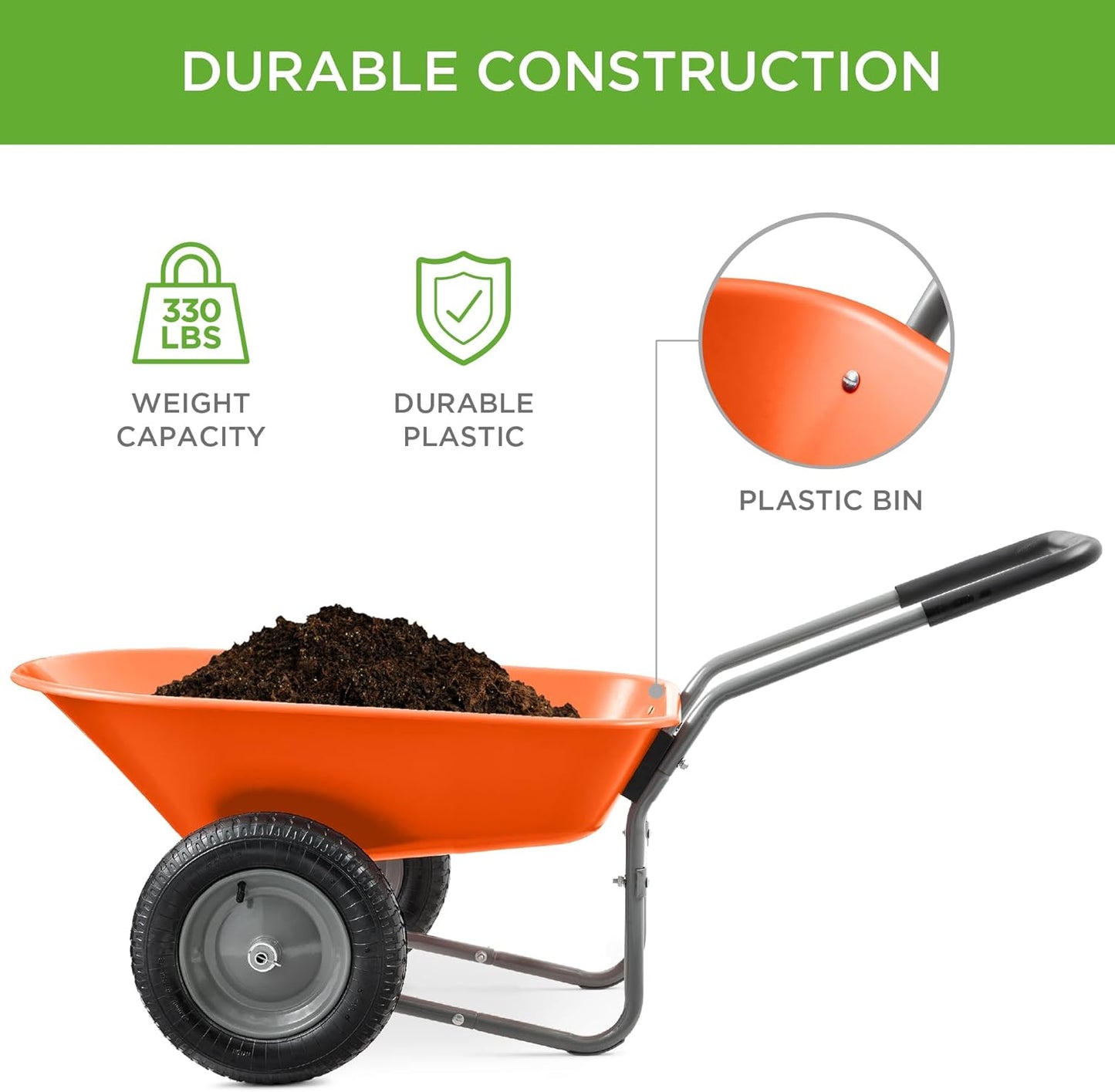 Best Choice Products Dual-Wheel Home Utility Yard Wheelbarrow Garden Cart w/Built-in Stand for Lawn, Gardening, Construction - Orange