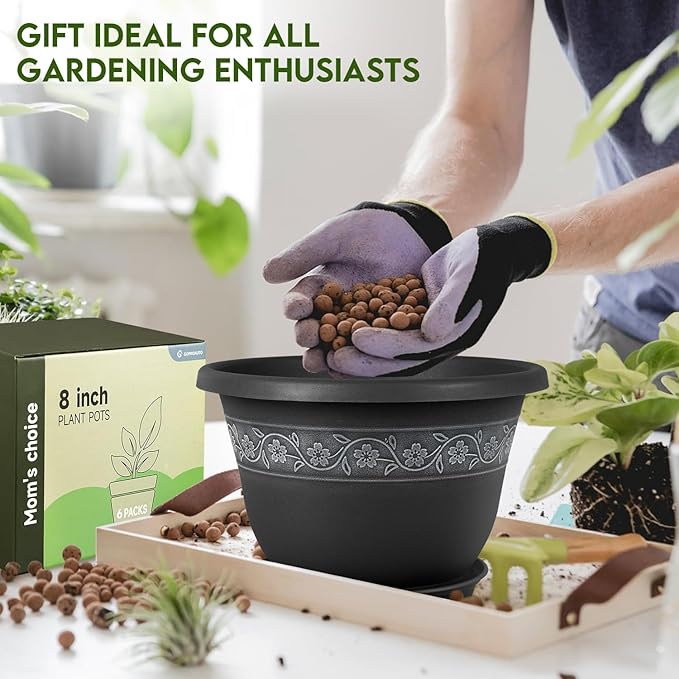 8 Inch Plant Pots with Drainage Hole - Lightweight Flower Pots for Herbs and Flowers - Home Decor Plastic Planters for Indoor Outdoor Plants- Pack of 6 (Black, 8 inch)