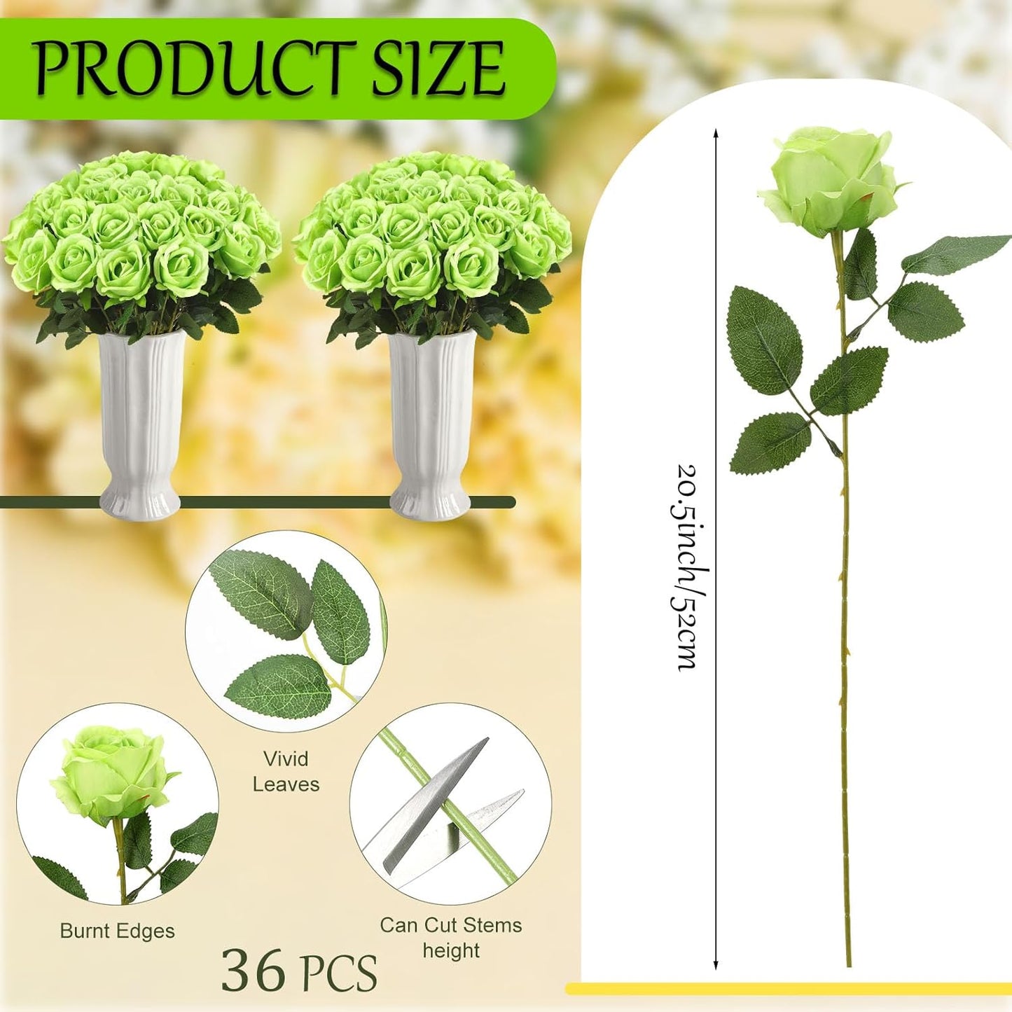 36 Pcs Silk Green Rose Bouquet Bridal Artificial Flowers,Fake Rose Long Stem Realistic Flowers Bulk for Wedding Bouquet Ball Arrangement Centerpiece Party Decor