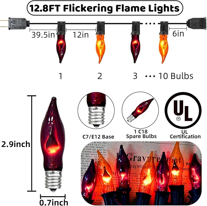 12.8Ft Halloween Decorations - Indoor/Outdoor Flickering Flame String Lights, Orange & Purple, 12 Pack C7 Flame Lights Bulbs
