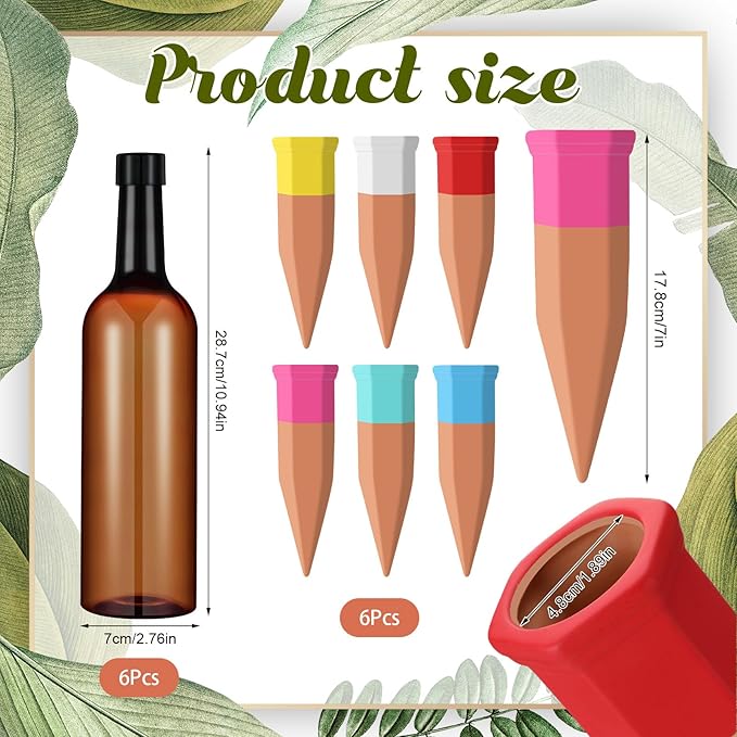 6 Sets Plant Watering Devices Include Terracotta Self Watering Spikes and 26 oz Plastic Bottles, Slow Release Vacation Insert Automatic Plant Waterer Device (Brown and Mixed Color)