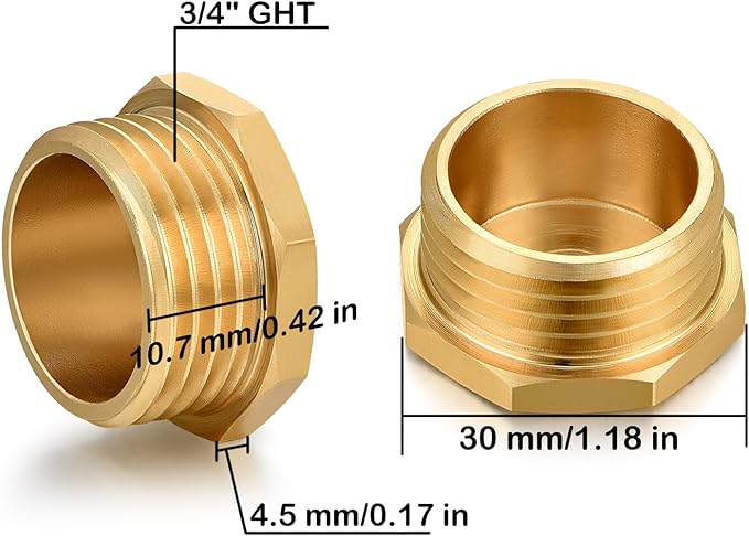 3/4" GHT Male Brass Pipe Plug Outer Garden Hose Male Threaded End Cap Plug Garden Irrigation Pipe Fittings Water Tubing Stopper （6 PCS）