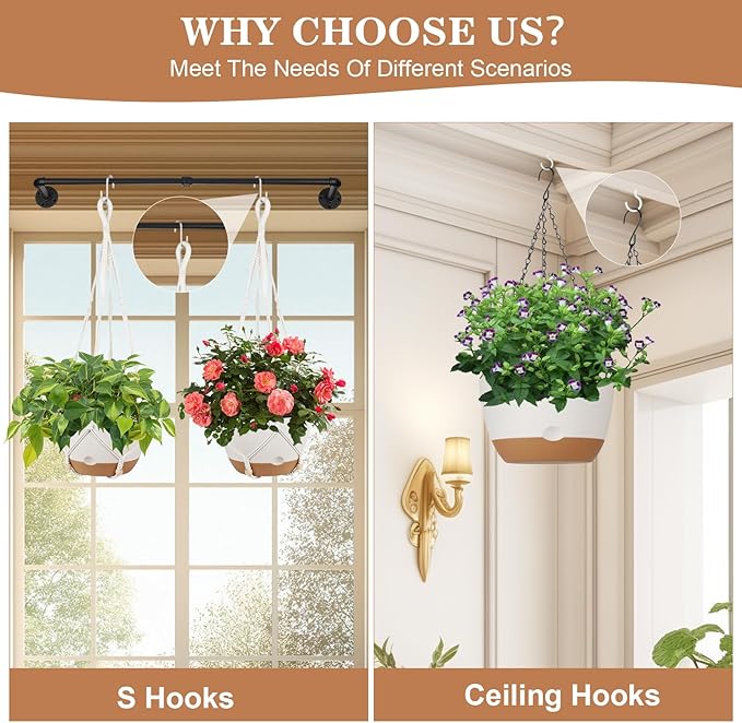 3 Pack Hanging Planters for Indoor Plants, 10 + 10 + 8 Inch Self-Watering Hanging Plant Pot, Macrame Plant Hanger with Pot, Ceiling Hooks, Removable Saucer and Drainage Holes for Garden Home - White