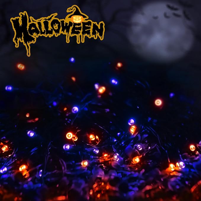 2 Pack 400 LED Solar String Lights, 8 Modes Solar String Lights for Outside, Waterproof and Solar Powered Outdoor String Lights for Holiday Christmas Yard Garden Tree Wedding Party (Orange Purple)