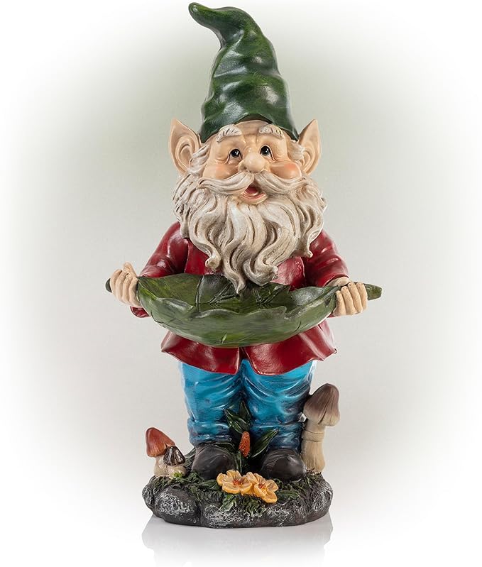 Alpine Corporation 16" Tall Outdoor Garden Gnome and Bird Feeder Yard Statue Decoration