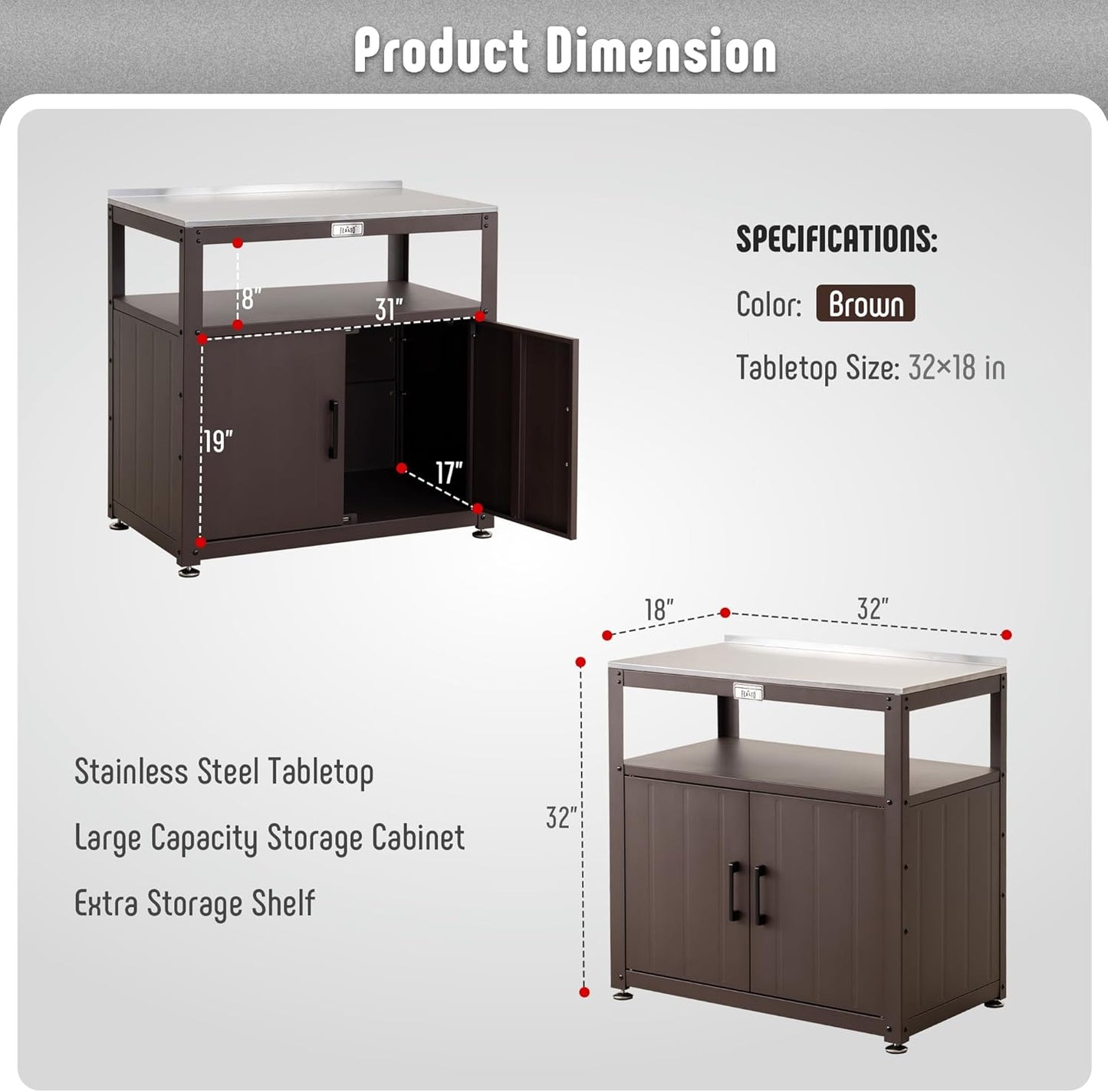 Garden Potting Bench with Storage Cabinet,Outdoor Gardening Table & Work Bench for Plants, Horticulture,Outdoor Workstation with Stainless Steel Tabletop,Outdoor Work Table