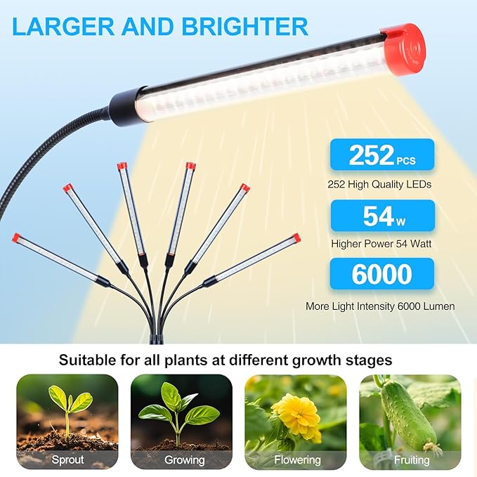 6-Head Grow Lights for Indoor Plants with Stand 54W, LED Plant Grow Light for Tall Houseplants, Bonsai Tree, Full Spectrum Growing Lamp with 4,8,12 Hr Timer, 24"-64" Adjustable Height