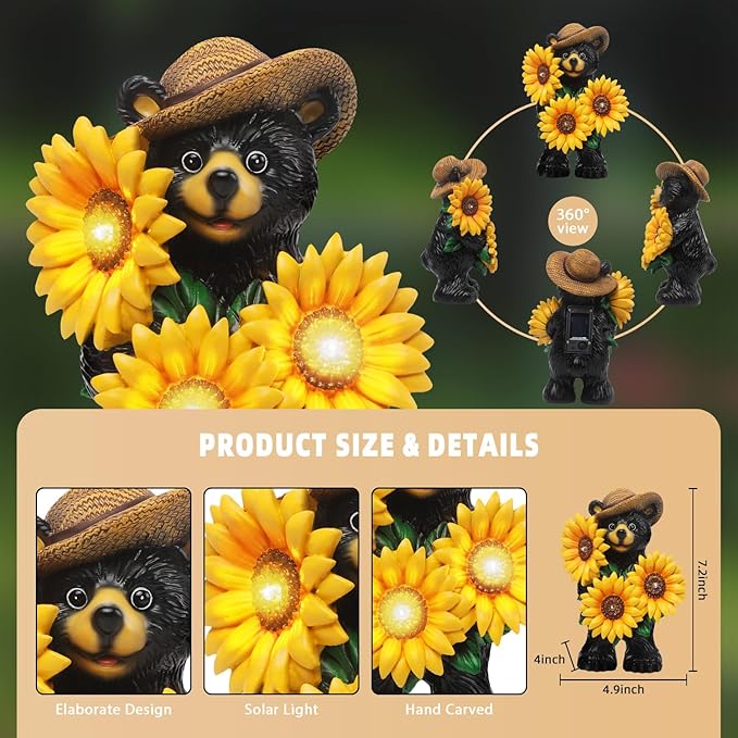 Bear Statue with Sunflowers LED Light 7.2" Solar Lamp Outdoor Garden Patio Yard Porch Lawn Decor Waterproof Resin Black Bear Figurine Unique Garden Gifts for Women Mom Grandma Sister