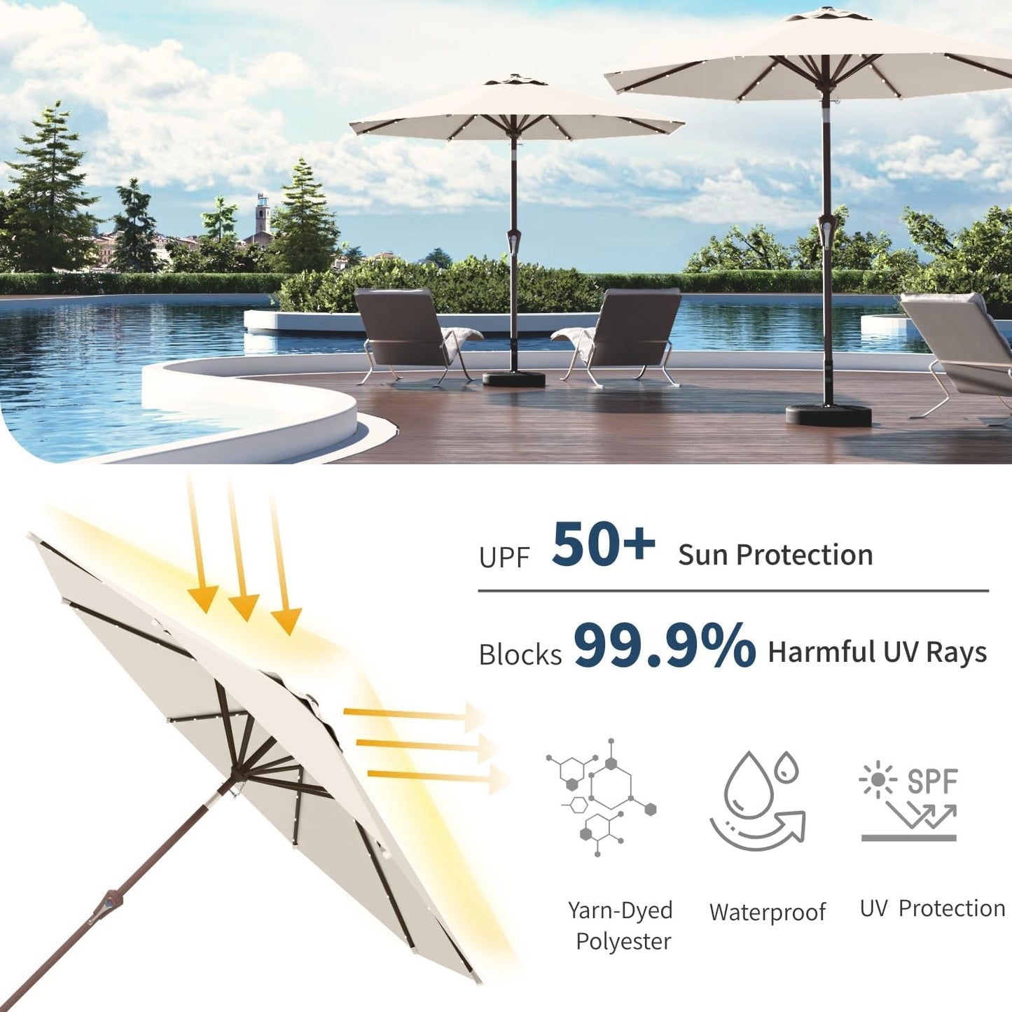 9FT Solar Umbrella 32 LED Lighted Patio Umbrella Table Market Umbrella w/Tilt and Crank, UV-Resistant Outdoor Umbrella for Pool, Garden, Deck, Creamy White
