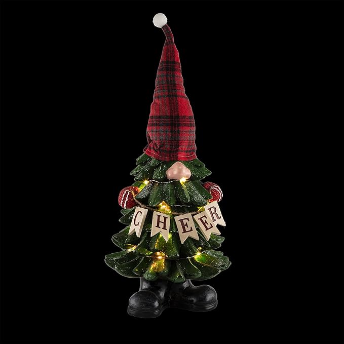 Alpine Corporation 28" H Polyresin Christmas Tree Cheer Gnome Decoration with Color Changing LED Lights, Christmas Decoration