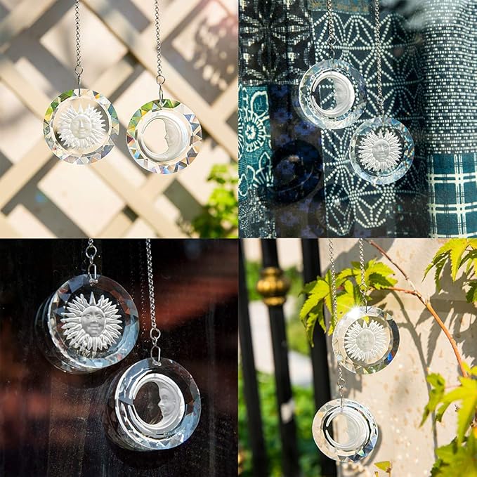 45mm Crystal Suncatcher Round Pendant Rainbow Maker for Home Car Decor (Moon and Sun)