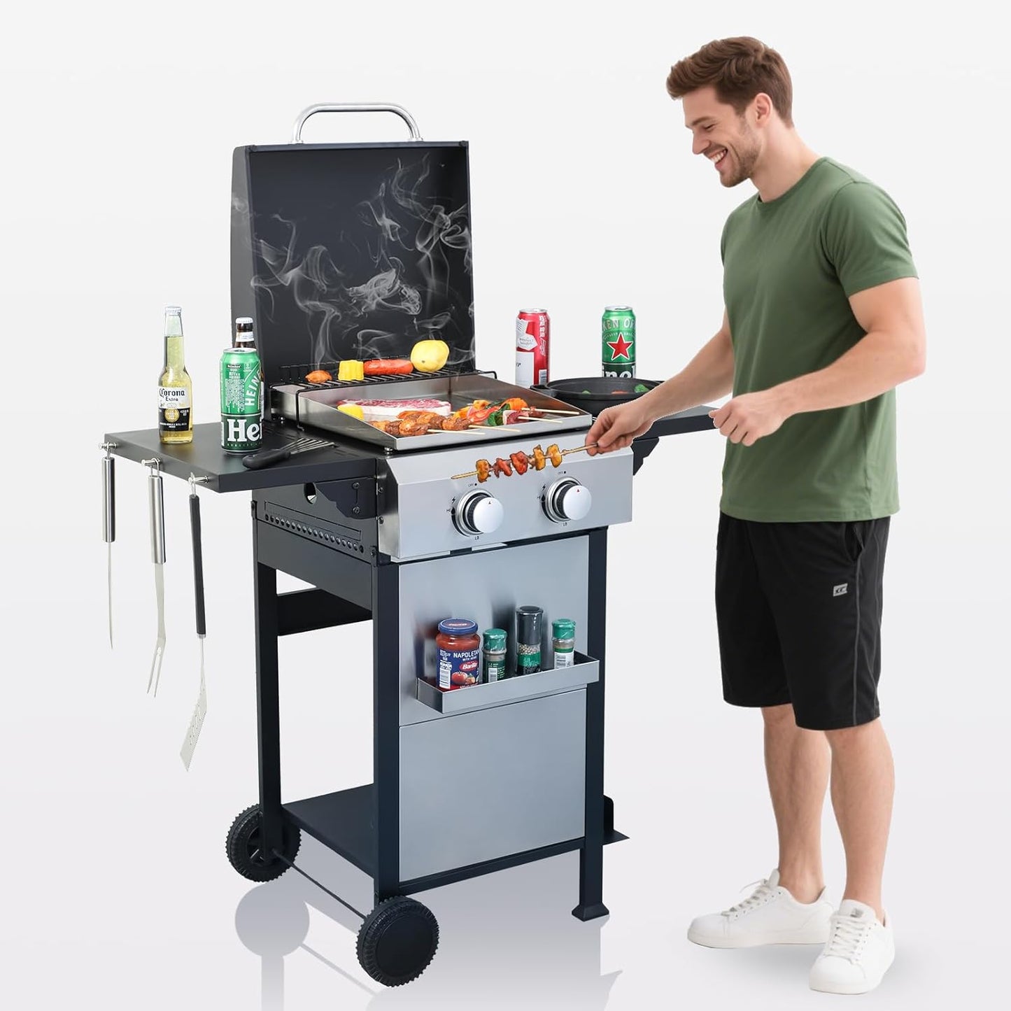 2-Burner Propane Gas BBQ Grill with Porcelain-Enameled Cast Iron Grates, Baking Sheet, 2 Foldable Side Tables, 24,600 BTU Stainless Steel Grill for Outdoor Camping Barbecue Grilling Backyard Cooking