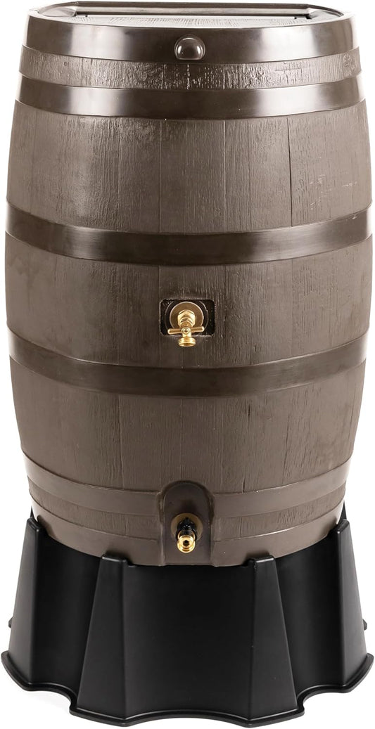 50-Gallon Dual Spigot Rain Barrel, Flat Back Rain Water Collection Barrel, Stand Included, Walnut Color